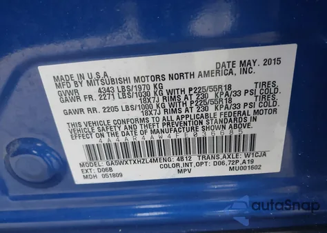 2015 Mitsubishi Outlander Sport 2.4 Gt z USA, uszkodzony, nr VIN 4A4AR4AW4FE036685